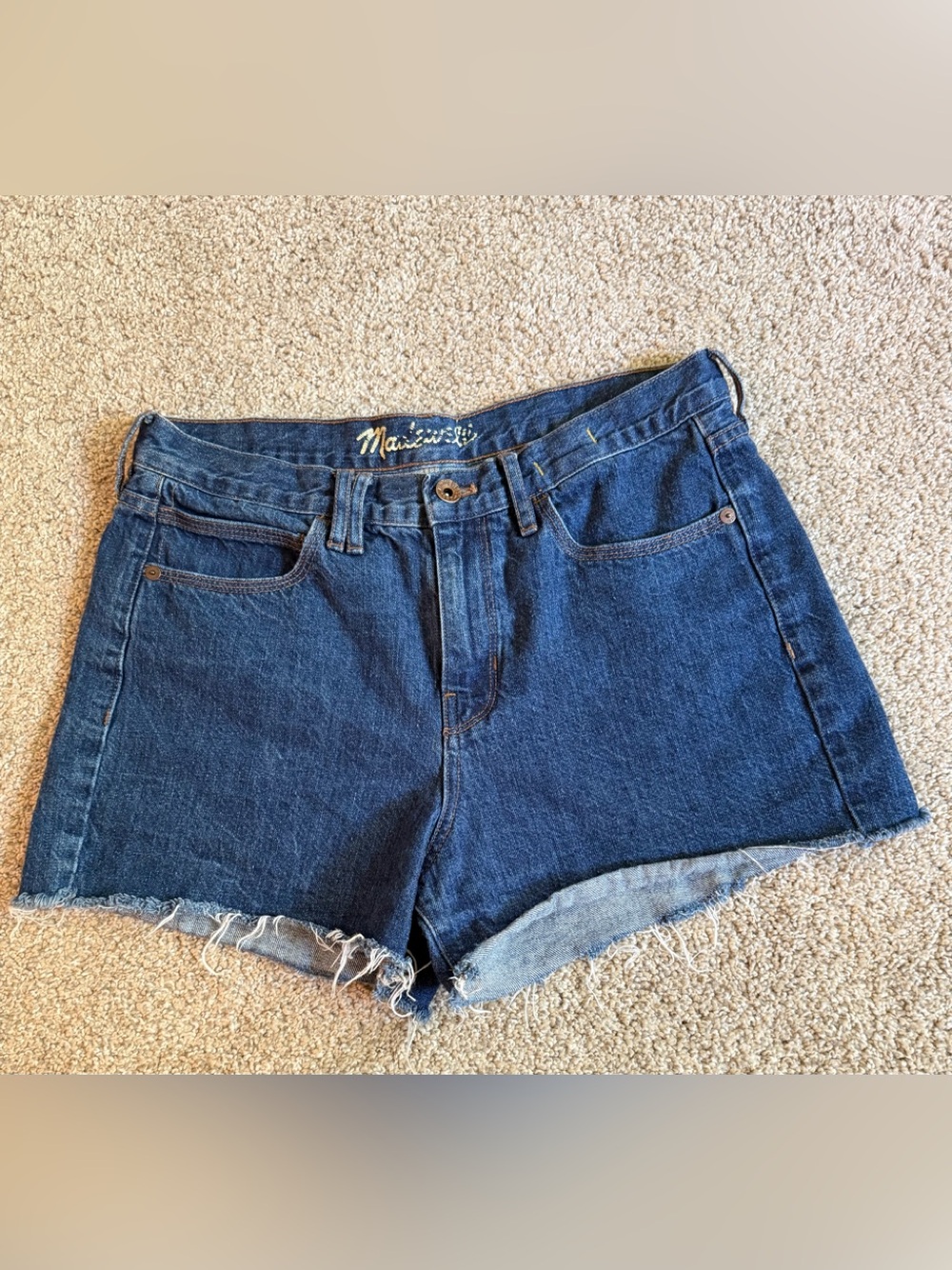 Madewell Dark Blue Denim Frayed Hem High-Rise Shorts